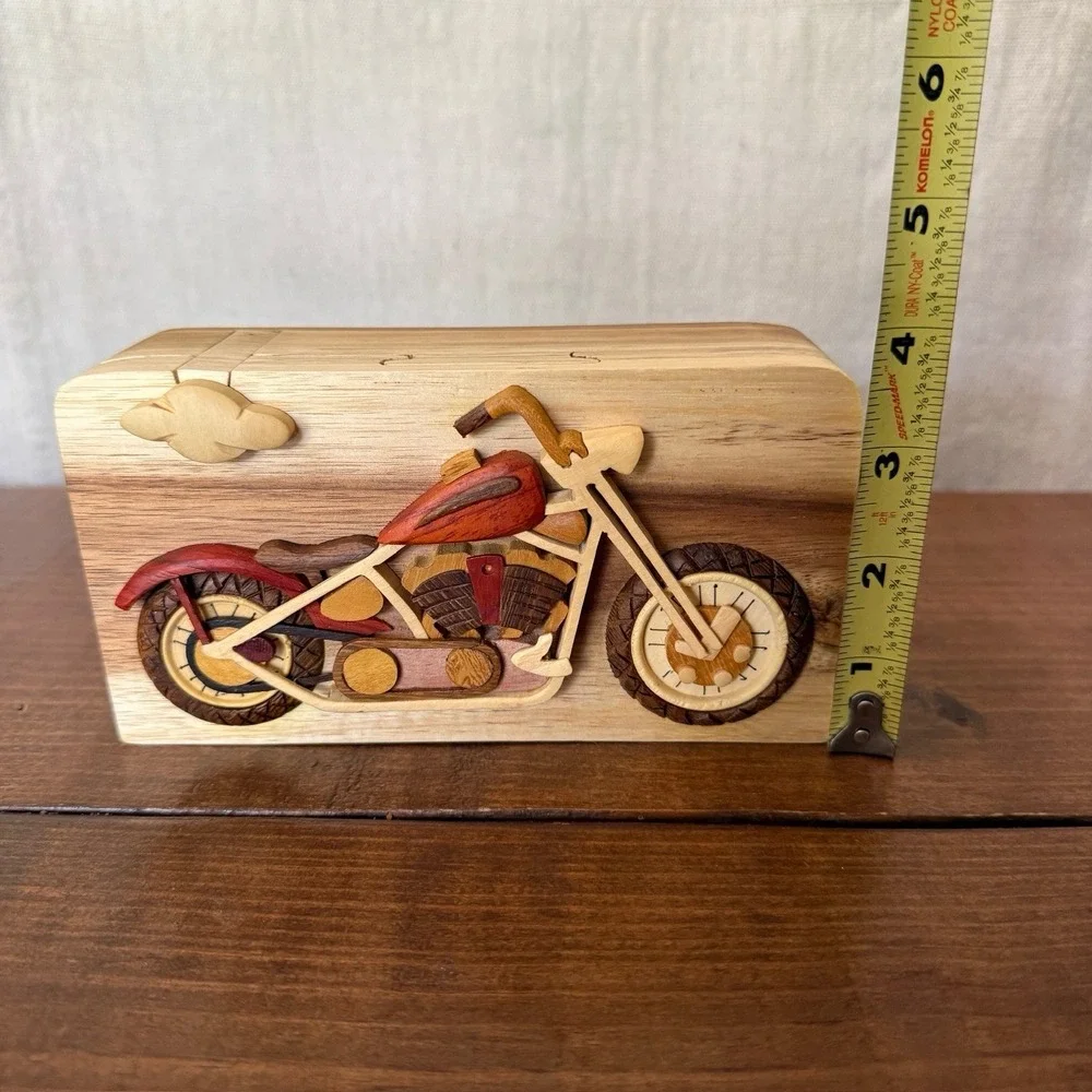 RARE Carver Dan's Hand Carved Harley Davidson Motorcycle Puzzle Trinket Box